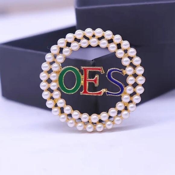 OES Eastern Star Brooch Pin with White Pearls and Multicolored Rhinestones - Picture 2 of 5